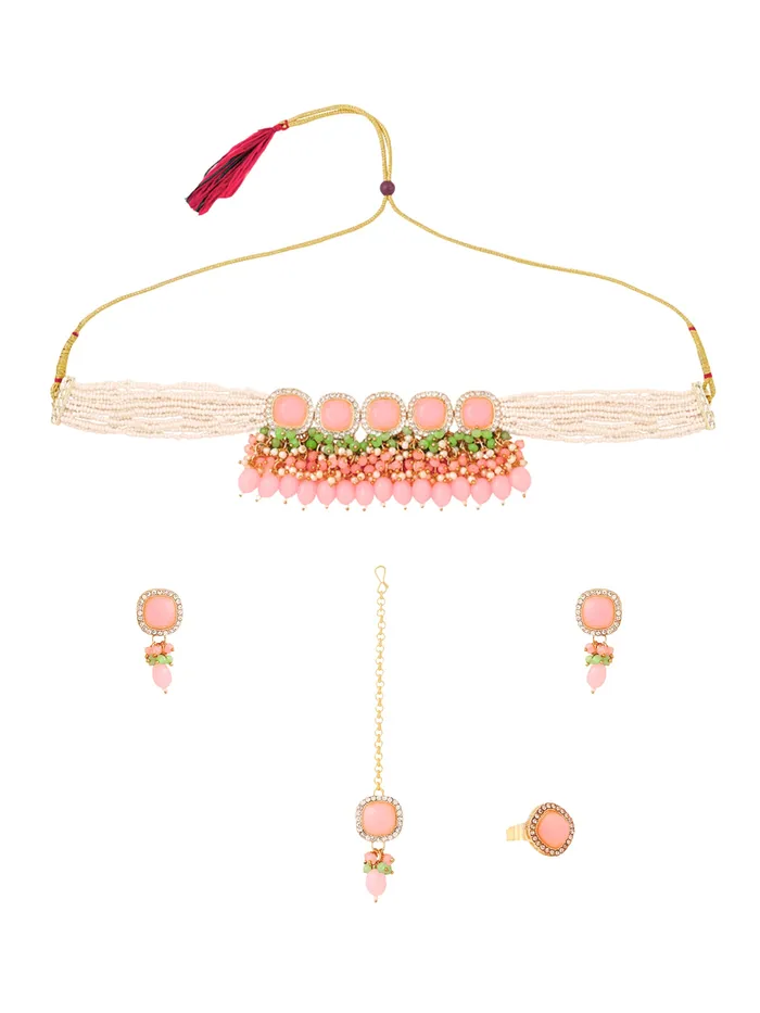 Yellow Chimes Necklaces Traditional Pink Stone Studded Choker Necklace Set Pearl Jewelry Gift for Women Yellow Chimes Necklaces Traditional Pink Stone Studded Choker Necklace Set Pearl Jewelry Gift for Women