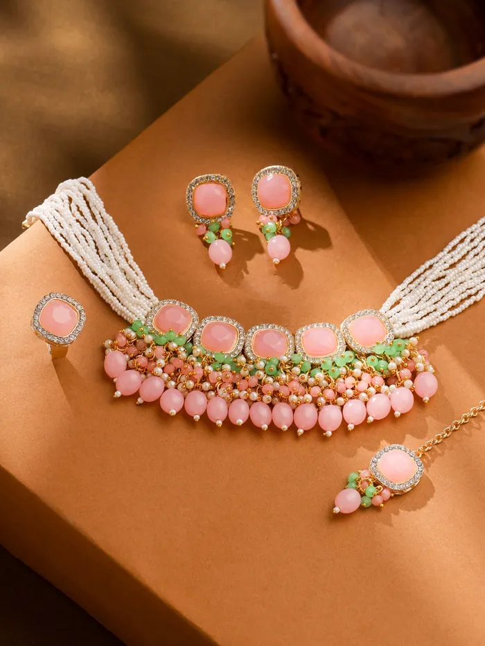 Yellow Chimes Necklaces Traditional Pink Stone Studded Choker Necklace Set Pearl Jewelry Gift for Women