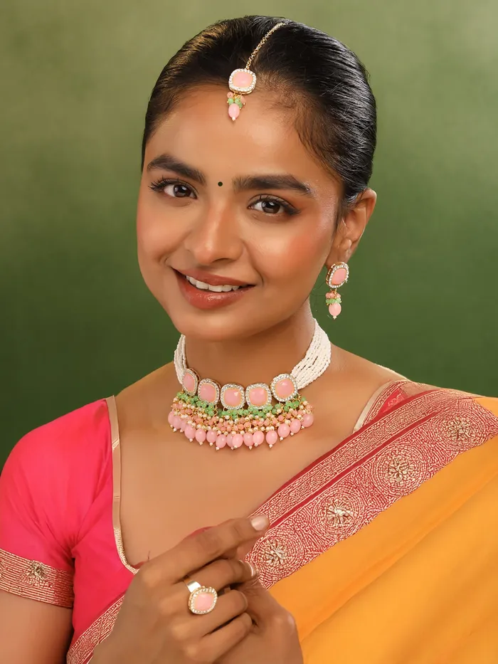 Yellow Chimes Necklaces Traditional Pink Stone Studded Choker Necklace Set Pearl Jewelry Gift for Women