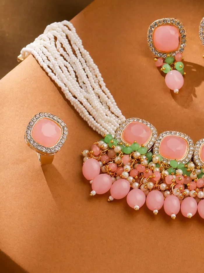 Yellow Chimes Necklaces Traditional Pink Stone Studded Choker Necklace Set Pearl Jewelry Gift for Women