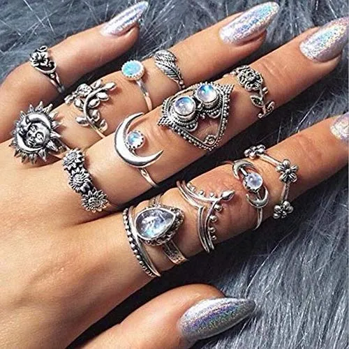 Yellow Chimes Necklaces Yellow Chimes 14 PCS Combo Stylish Knuckle Rings Set Oxidized Silver Rings for Women and Girls