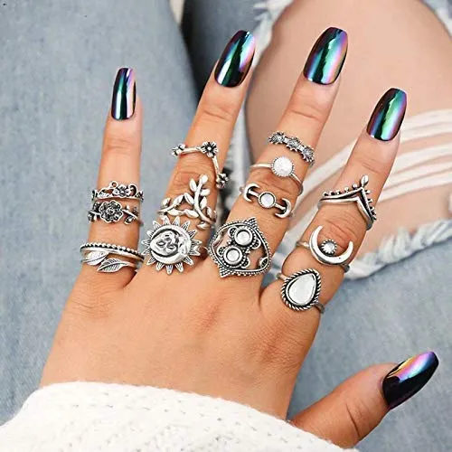 Yellow Chimes Necklaces Yellow Chimes 14 PCS Combo Stylish Knuckle Rings Set Oxidized Silver Rings for Women and Girls