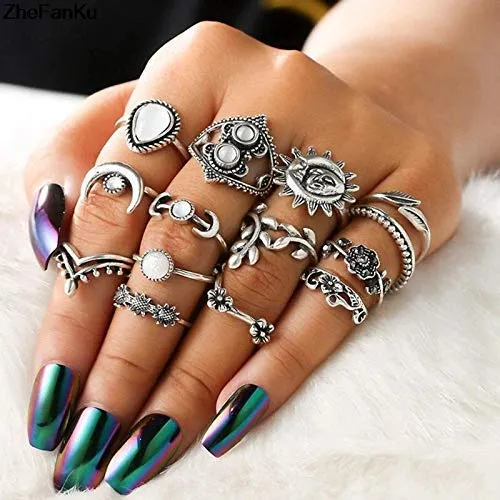 Yellow Chimes Necklaces Yellow Chimes 14 PCS Combo Stylish Knuckle Rings Set Oxidized Silver Rings for Women and Girls