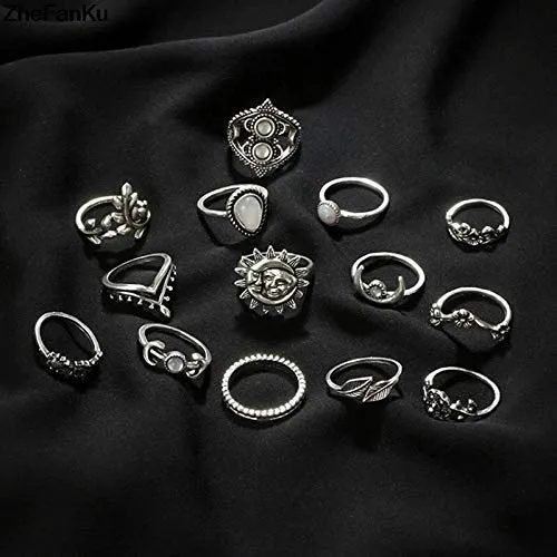 Yellow Chimes Necklaces Yellow Chimes 14 PCS Combo Stylish Knuckle Rings Set Oxidized Silver Rings for Women and Girls