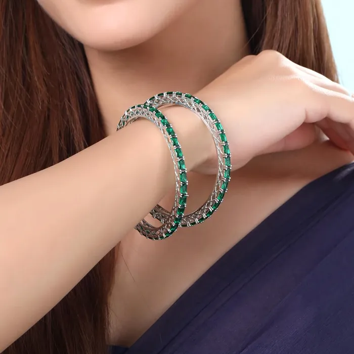 Yellow Chimes Necklaces Yellow Chimes Bangles for Women and Girls American Diamond Bangles for women Silver Tone Green AD Studded Bangles for girls Birthday Gift For girls and women Anniversary Gift for Wife