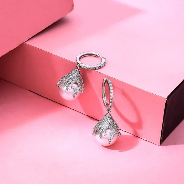 Yellow Chimes Necklaces Yellow Chimes Earrings for Women and Girls American Diamond Drop Silver Tone White AD Stone Pearl Drop Earrings Birthday Gift for girls and women Anniversary Gift for Wife