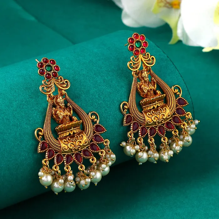 Yellow Chimes Necklaces Yellow Chimes Earrings For Women Gold Plated Pink Stone Studded Pearl Beads Hanging Traditional Temple Ethnic Drop Earrings For Women and Girls