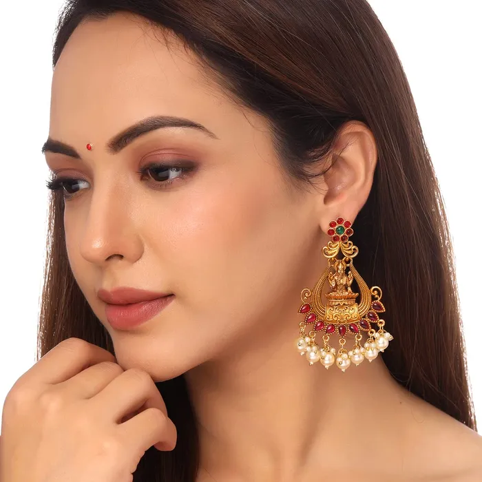 Yellow Chimes Necklaces Yellow Chimes Earrings For Women Gold Plated Pink Stone Studded Pearl Beads Hanging Traditional Temple Ethnic Drop Earrings For Women and Girls