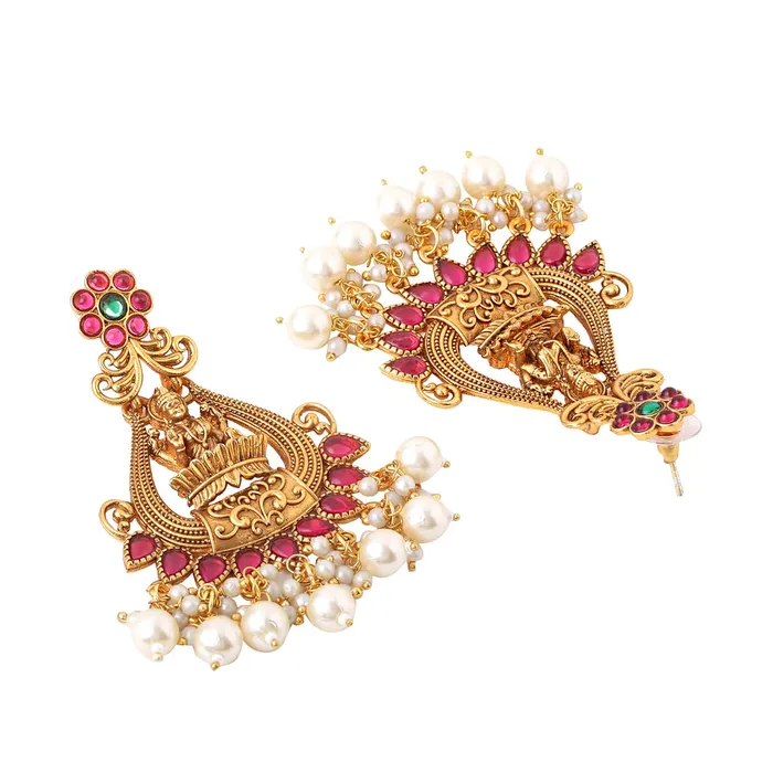 Yellow Chimes Necklaces Yellow Chimes Earrings For Women Gold Plated Pink Stone Studded Pearl Beads Hanging Traditional Temple Ethnic Drop Earrings For Women and Girls