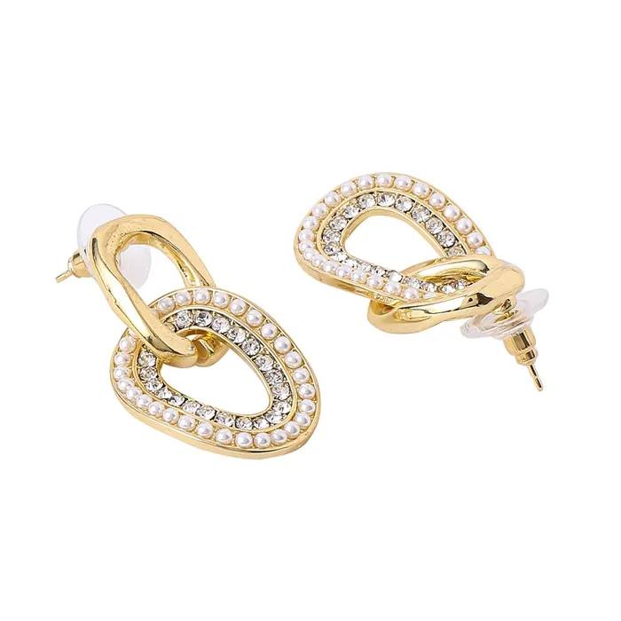 Yellow Chimes Necklaces Yellow Chimes Earrings For Women Gold Tone Crystal Studded Connected Geometrical shape Dangling Drop Earrings For Women and Girls