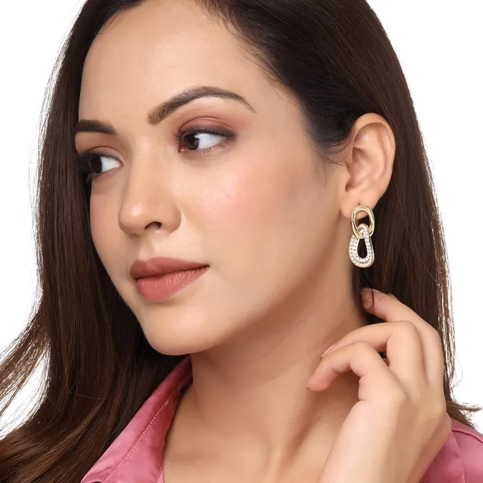 Yellow Chimes Necklaces Yellow Chimes Earrings For Women Gold Tone Crystal Studded Connected Geometrical shape Dangling Drop Earrings For Women and Girls