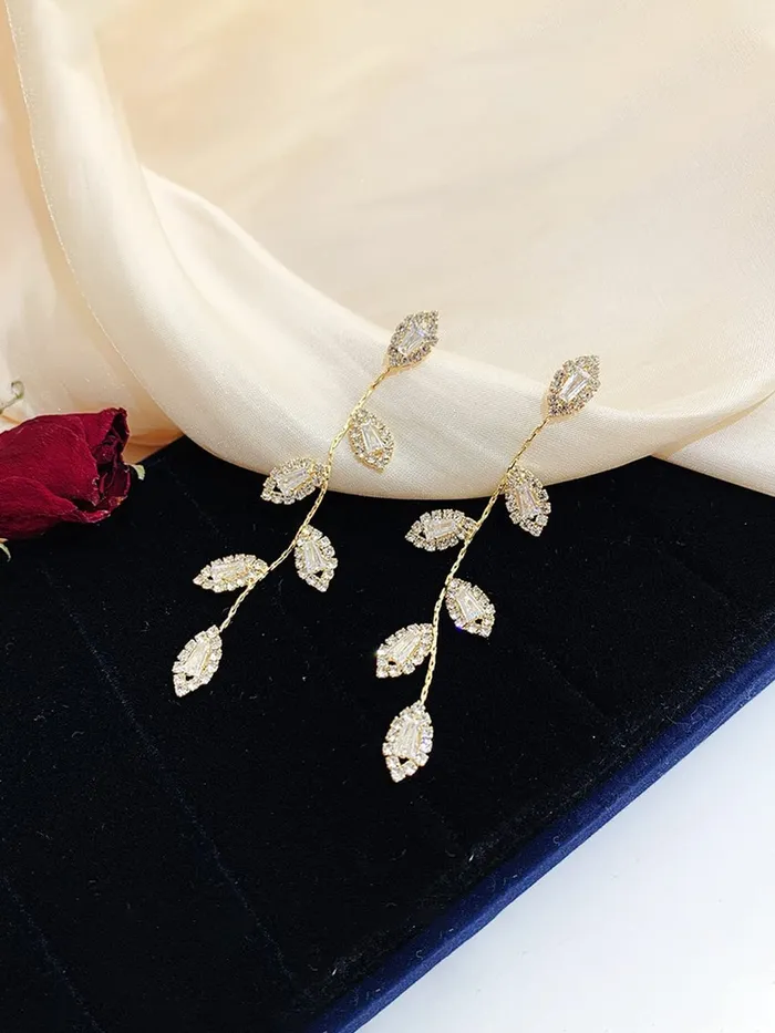 Yellow Chimes Necklaces Yellow Chimes Earrings For Women Gold Toned Leaflet Designed Crystal Studded Long Linear Dangler Earrings For Women and Girls