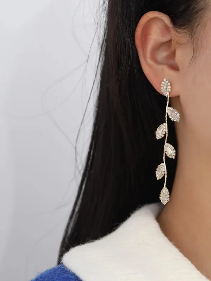 Yellow Chimes Necklaces Yellow Chimes Earrings For Women Gold Toned Leaflet Designed Crystal Studded Long Linear Dangler Earrings For Women and Girls