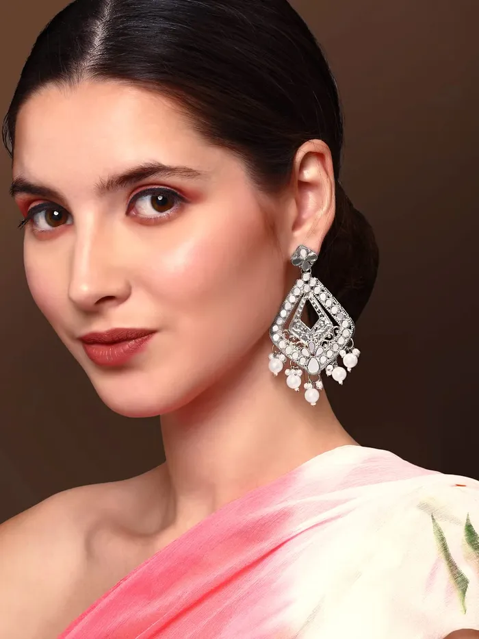 Yellow Chimes Necklaces Yellow Chimes Earrings for Women Silver Oxidised Beads Drop Geometric Designed Dangler Drop Earrings for Women and Girls