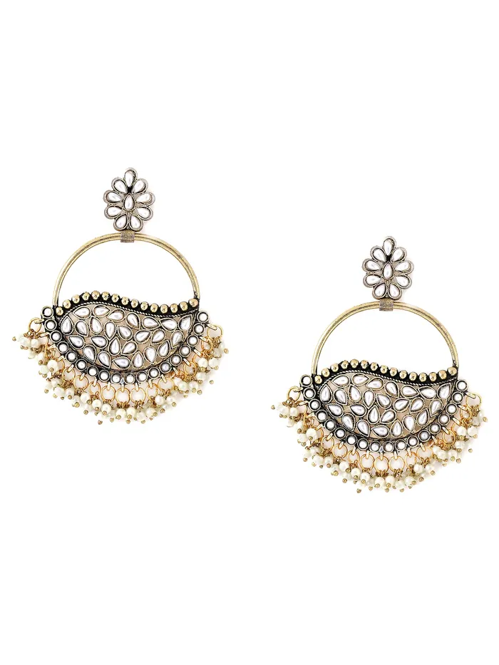 Yellow Chimes Necklaces Yellow Chimes Earrings For Women Silver Toned Floral Shaped White Stone and Pearl Studded Chandbali Earrings For Women and Girls Yellow Chimes Necklaces Yellow Chimes Earrings For Women Silver Toned Floral Shaped White Stone and Pearl Studded Chandbali Earrings For Women and Girls
