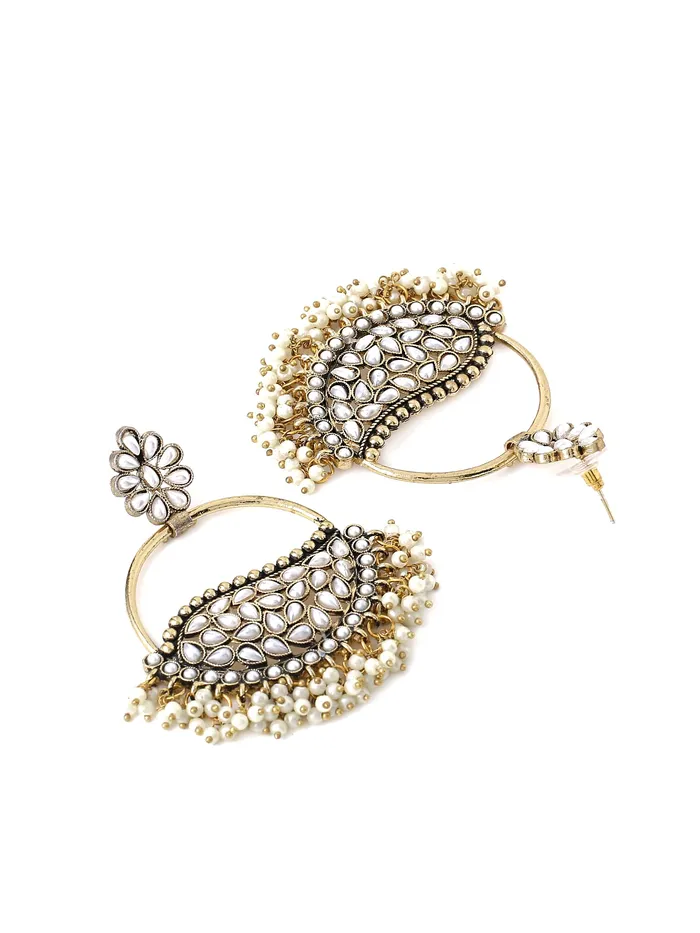 Yellow Chimes Necklaces Yellow Chimes Earrings For Women Silver Toned Floral Shaped White Stone and Pearl Studded Chandbali Earrings For Women and Girls