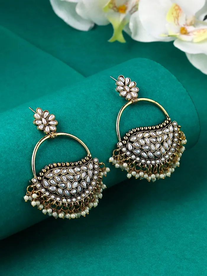 Yellow Chimes Necklaces Yellow Chimes Earrings For Women Silver Toned Floral Shaped White Stone and Pearl Studded Chandbali Earrings For Women and Girls