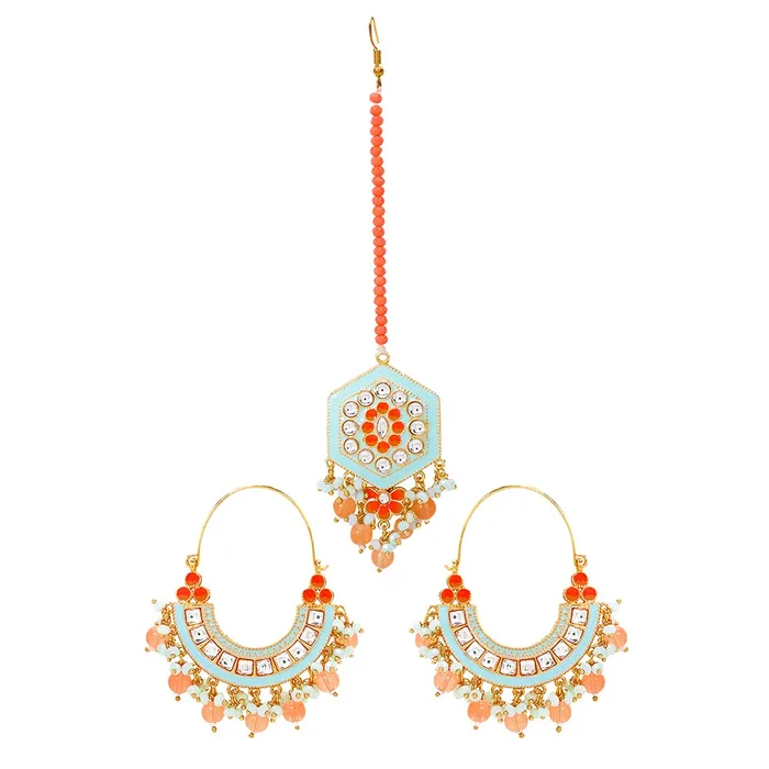 Yellow Chimes Necklaces Yellow Chimes Ethnic Gold Plated Traditional Studded Stone Beads Blue Meenakari Chandbali Earrings with Maangtikka for Women and Girls Medium YCTJER108CNDMGTBL