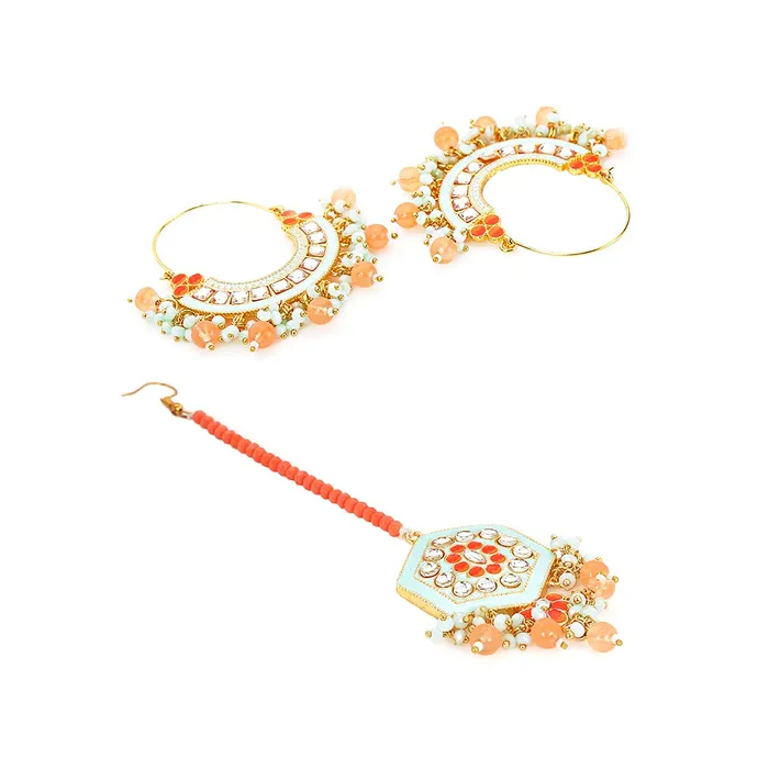 Yellow Chimes Necklaces Yellow Chimes Ethnic Gold Plated Traditional Studded Stone Beads Blue Meenakari Chandbali Earrings with Maangtikka for Women and Girls Medium YCTJER108CNDMGTBL