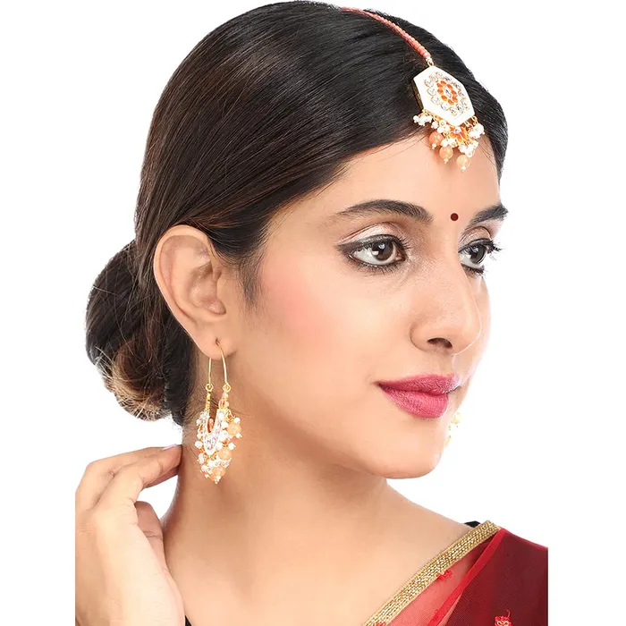 Yellow Chimes Necklaces Yellow Chimes Ethnic Gold Plated Traditional Studded Stone Beads Blue Meenakari Chandbali Earrings with Maangtikka for Women and Girls Medium YCTJER108CNDMGTBL