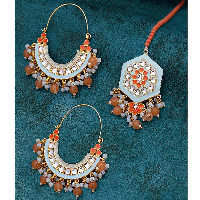 Yellow Chimes Necklaces Yellow Chimes Ethnic Gold Plated Traditional Studded Stone Beads Blue Meenakari Chandbali Earrings with Maangtikka for Women and Girls Medium YCTJER108CNDMGTBL