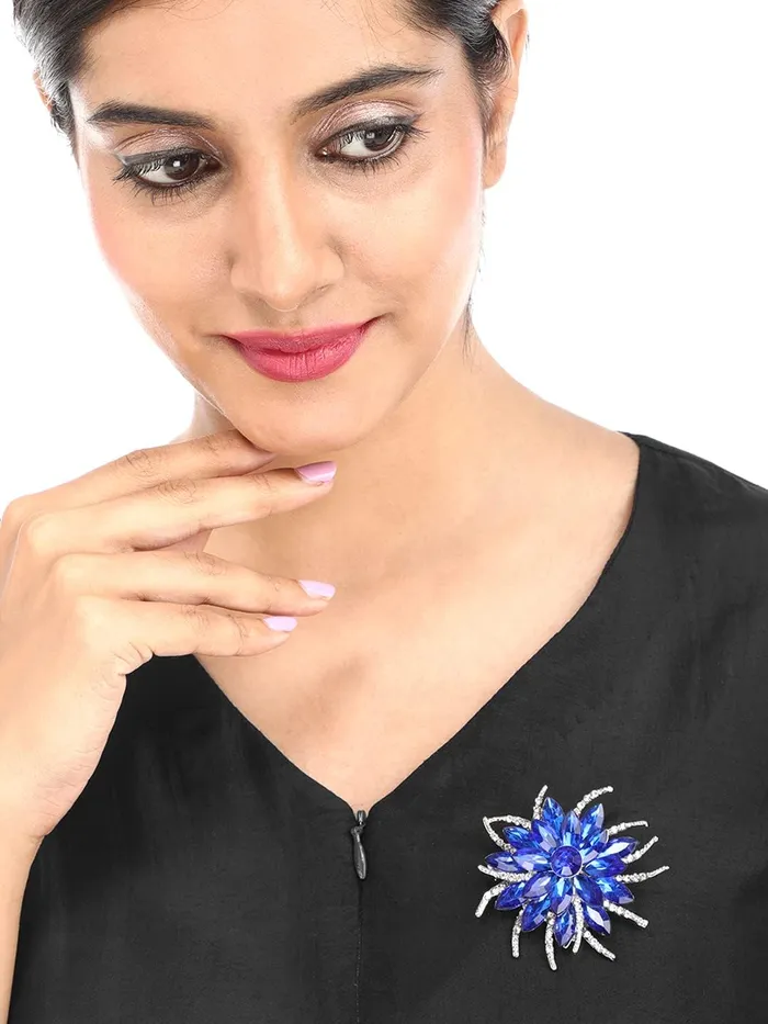 Yellow Chimes Necklaces Yellow Chimes Floral Brooch for Women Elegant Blue Crystal Floral Shaped Brooch for Women and Girls