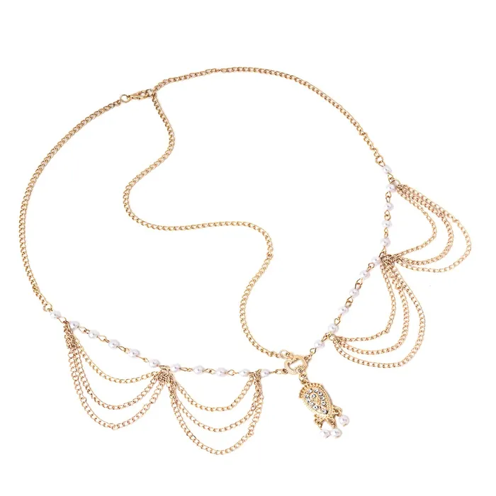 Yellow Chimes Necklaces Yellow Chimes Head Chain For Women Layered Gold Toned Pearl Studded Charm Head Chain For Women and Girls