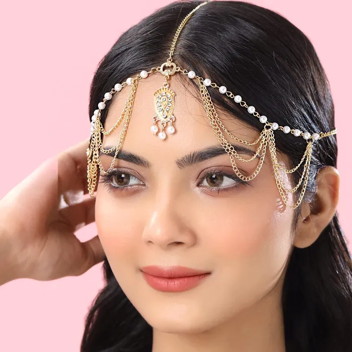 Yellow Chimes Necklaces Yellow Chimes Head Chain For Women Layered Gold Toned Pearl Studded Charm Head Chain For Women and Girls