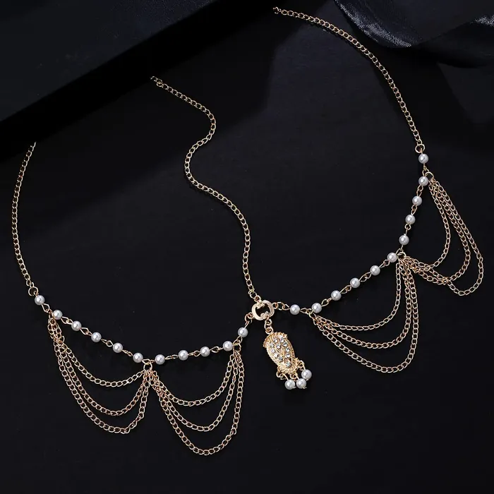 Yellow Chimes Necklaces Yellow Chimes Head Chain For Women Layered Gold Toned Pearl Studded Charm Head Chain For Women and Girls