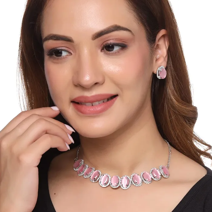 Yellow Chimes Necklaces Yellow Chimes Jewellery Set for Women and Girls Crystal Jewellery Set for Women Gold Plated Pink Stone Choker Necklace Set Birthday Gift for girls and women Anniversary Gift for Wife