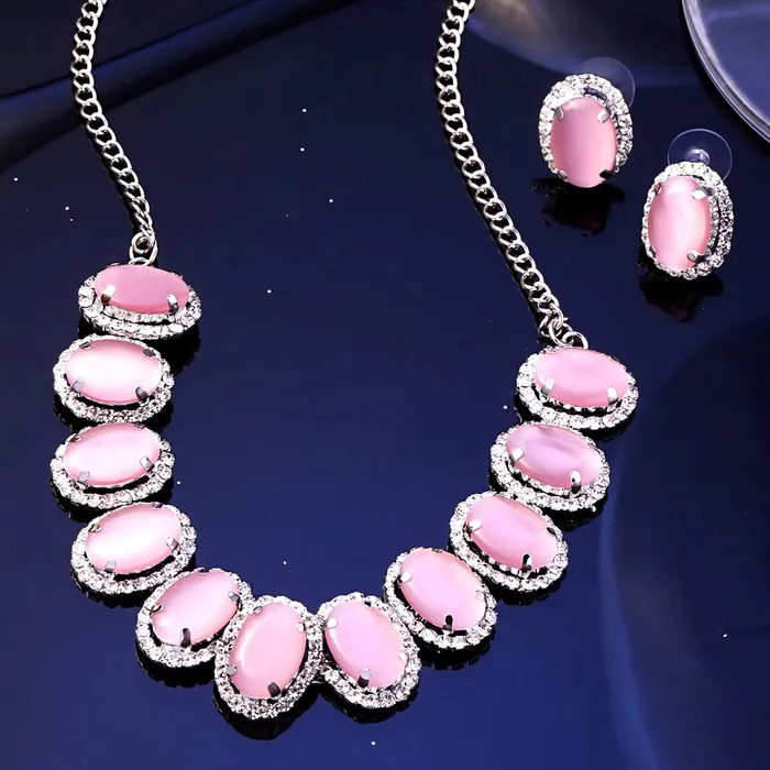 Yellow Chimes Necklaces Yellow Chimes Jewellery Set for Women and Girls Crystal Jewellery Set for Women Gold Plated Pink Stone Choker Necklace Set Birthday Gift for girls and women Anniversary Gift for Wife