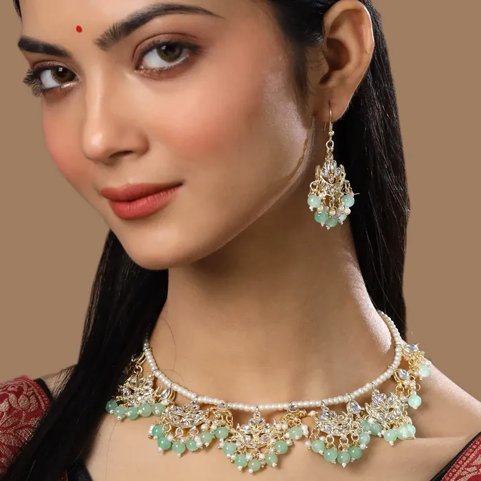 Yellow Chimes Necklaces Yellow Chimes Jewellery Set for Women and Girls Kundan Jewellery Set for Women Gold Tone Moti Beads Kundan Choker Necklace Set Birthday Gift for girls and women Anniversary Gift for Wife