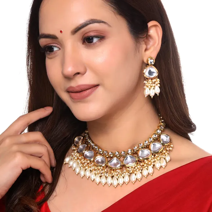 Yellow Chimes Necklaces Yellow Chimes Jewellery Set for Women and Girls Traditional Kundan Necklace Set Gold Plated Kundan Choker Necklace Set Birthday Gift for girls and women Anniversary Gift for Wife