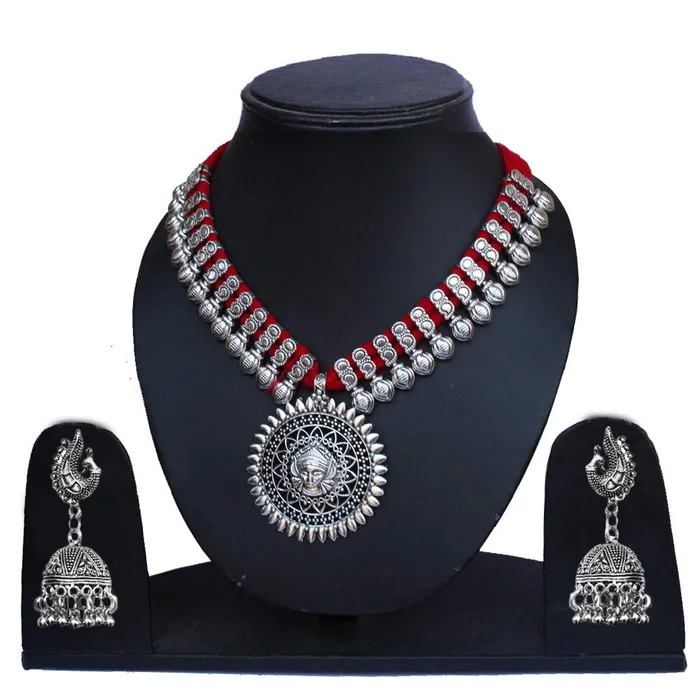 Yellow Chimes Necklaces Yellow Chimes Jewellery Set for Women and Girls Traditional Silver Oxidised Jewellery Set Red Necklace Set for Women Durga Oxidized Necklace Set Birthday Gift For Girls and Women