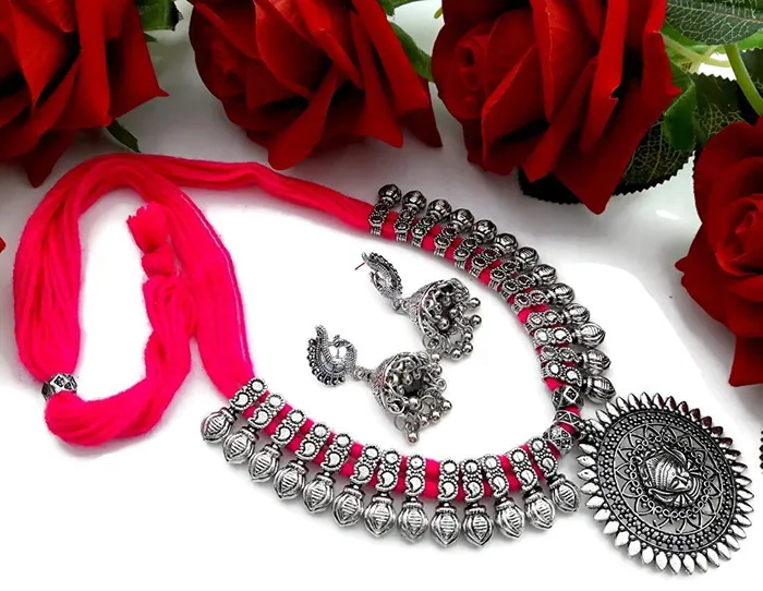 Yellow Chimes Necklaces Yellow Chimes Jewellery Set for Women and Girls Traditional Silver Oxidised Jewellery Set Red Necklace Set for Women Durga Oxidized Necklace Set Birthday Gift For Girls and Women