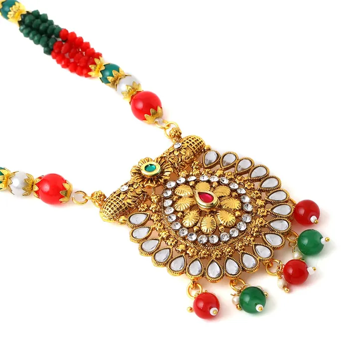 Yellow Chimes Necklaces Yellow Chimes Jewellery Set For Women Long Kundan Beaded Charm Attached Necklace Set With Earrings For Women and Girls