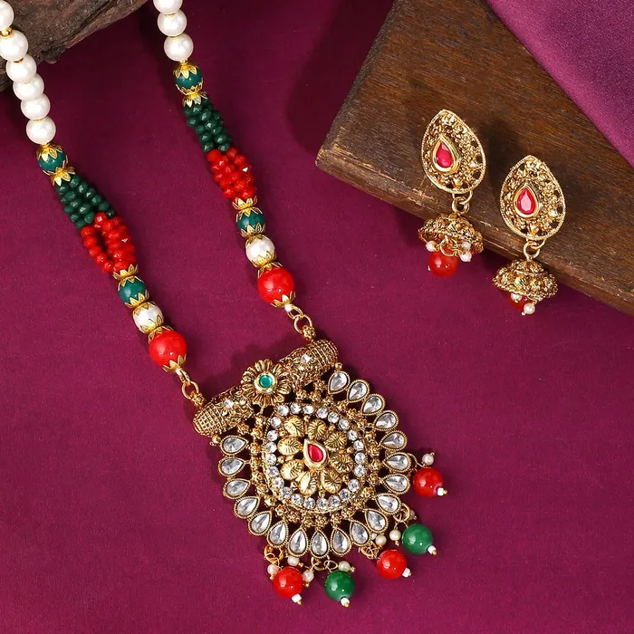 Yellow Chimes Necklaces Yellow Chimes Jewellery Set For Women Long Kundan Beaded Charm Attached Necklace Set With Earrings For Women and Girls