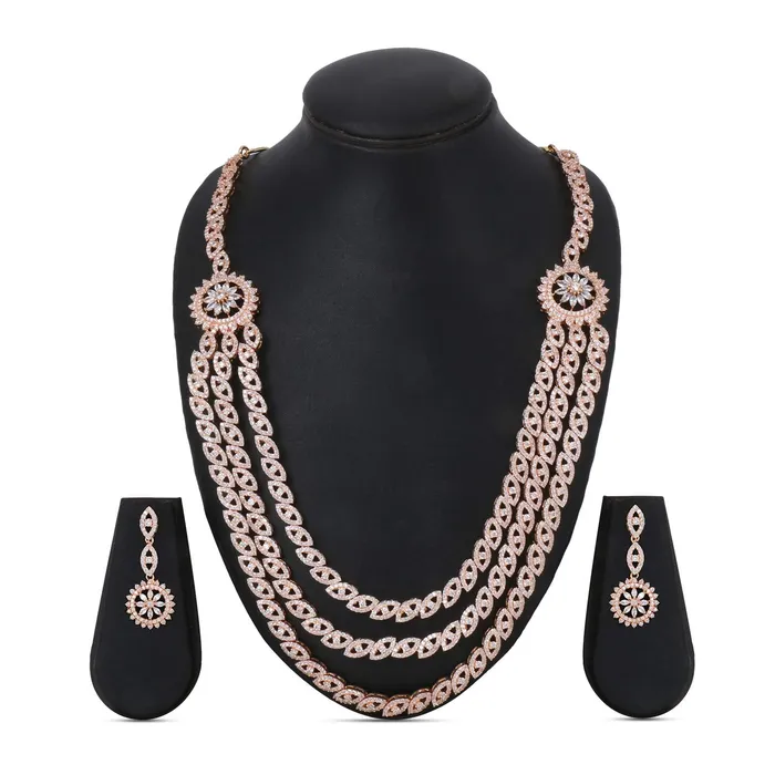Yellow Chimes Necklaces Yellow Chimes Luxurious Looks ADAmerican Diamond Studded 18K Rose Gold Plated Rani Haar MultiLayer Necklace Set Jewellery Set for Women Girls