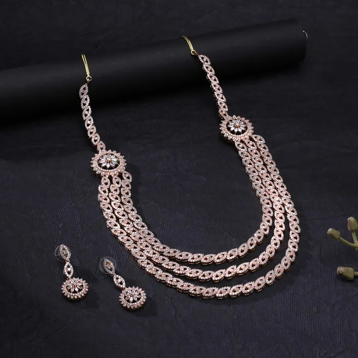 Yellow Chimes Necklaces Yellow Chimes Luxurious Looks ADAmerican Diamond Studded 18K Rose Gold Plated Rani Haar MultiLayer Necklace Set Jewellery Set for Women Girls