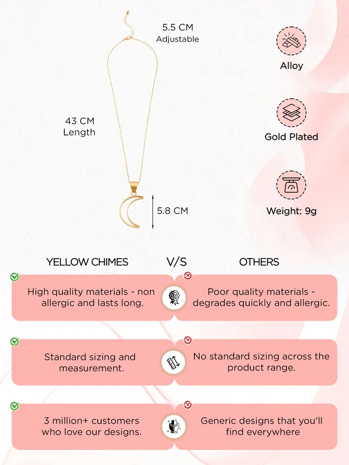 Yellow Chimes Necklaces Yellow Chimes Pendant Necklace For Women Fashion Golden Charm Pendant Gold Plated Moon Shaped Long Chain Necklace For Girls Heritage Hues Birthday Gift for Girls Anniversary Gift for Wife