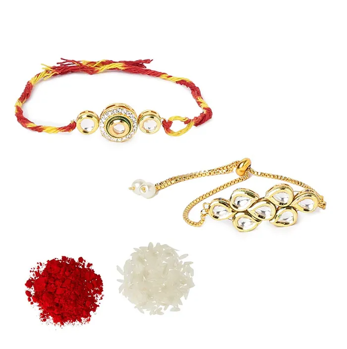 Yellow Chimes Necklaces Yellow Chimes Rakhi for Brother and Bhabhi Gold Plated Kundan Bhaiya Bhabhi Rakhi Set Handmade Dori Worked Rakhi Combo of 2 PCs Men Rakhi Bracelet With Roli Chawal