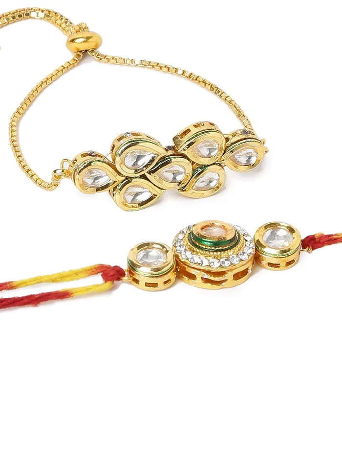 Yellow Chimes Necklaces Yellow Chimes Rakhi for Brother and Bhabhi Gold Plated Kundan Bhaiya Bhabhi Rakhi Set Handmade Dori Worked Rakhi Combo of 2 PCs Men Rakhi Bracelet With Roli Chawal