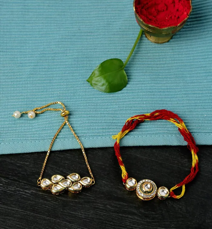 Yellow Chimes Necklaces Yellow Chimes Rakhi for Brother and Bhabhi Gold Plated Kundan Bhaiya Bhabhi Rakhi Set Handmade Dori Worked Rakhi Combo of 2 PCs Men Rakhi Bracelet With Roli Chawal