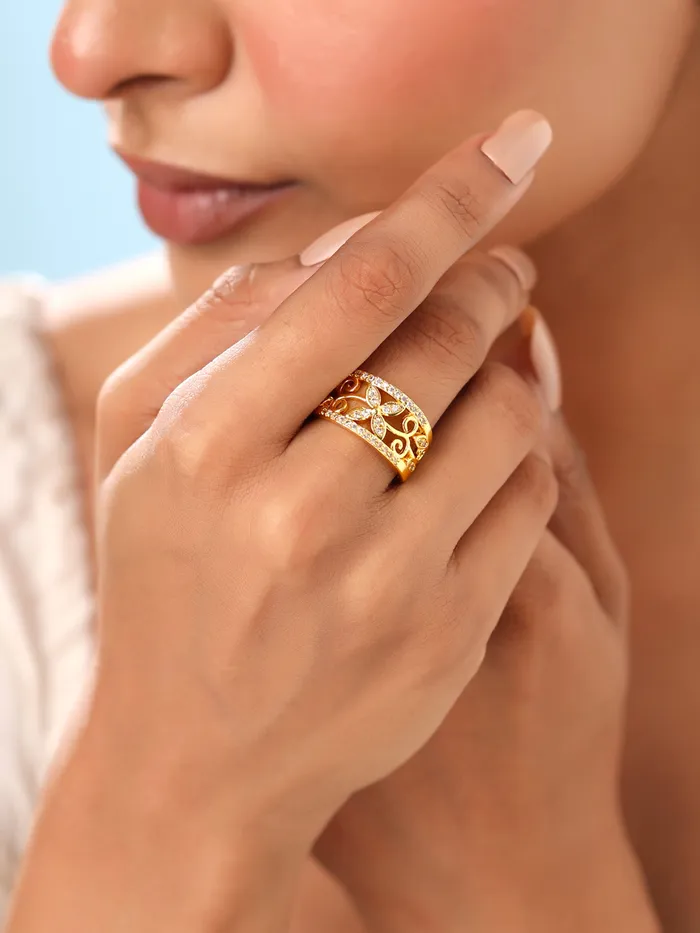 Yellow Chimes Necklaces Yellow Chimes Rings for Women Crystal Studded Flower Band Golden Adjustable Ring for Women and Girls