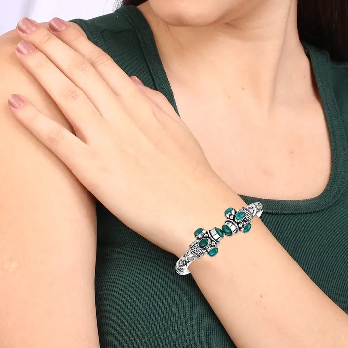 Yellow Chimes Necklaces Yellow Chimes Silver Oxidised Bracelet for Women Oxidised Silver Tribal Kada with Stone Antique Kada Bangle Bracelet for Women and Men