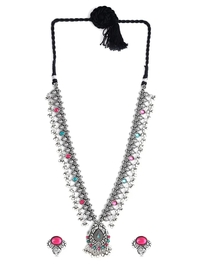 Yellow Chimes Oxidised Jewellery Set for Women Authentic Kolhapuri Worked Silver Oxidized Long Necklace Set for Women and Girls Yellow Chimes Bracelets