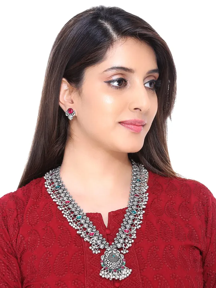 Yellow Chimes Oxidised Jewellery Set for Women Authentic Kolhapuri Worked Silver Oxidized Long Necklace Set for Women and Girls Yellow Chimes Bracelets