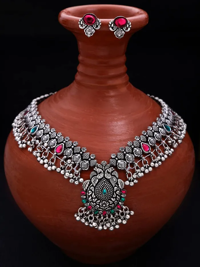 Yellow Chimes Oxidised Jewellery Set for Women Authentic Kolhapuri Worked Silver Oxidized Long Necklace Set for Women and Girls Yellow Chimes Bracelets