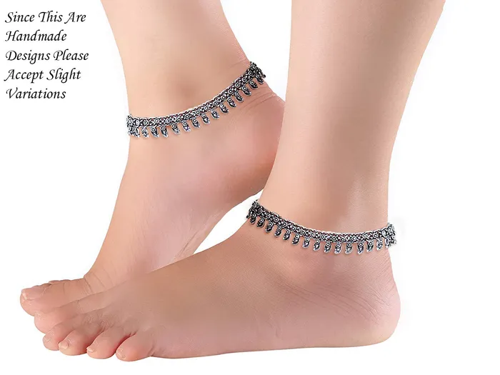 Yellow Chimes Oxidised Silver Anklets for Women Silver Oxidised Anklets Antique Design 2 Pcs Traditional Payal Anklets for Women and Girls Yellow Chimes Necklaces