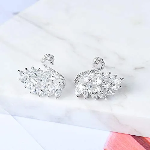 Yellow Chimes Platinum Plated Swan Design Crystal Stud Earrings for Women and Girls Yellow Chimes Earrings
